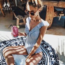 Load image into Gallery viewer, Ladies One Piece High Waist Bikini Striped Ruffle Backless Swimsuit
