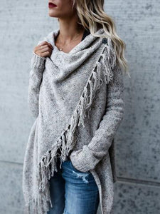 Knit Long Sleeve Tassel Irregular Sweater