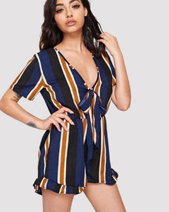 Print Deep V Neck Short Sleeve Jumpsuit Rompers