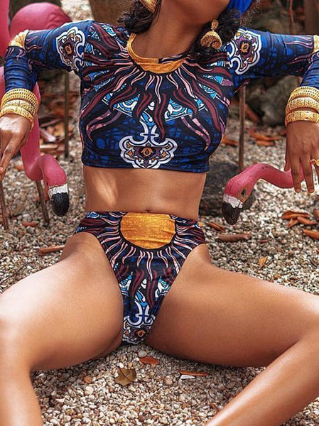 Ethnic Style Split Bikini Print Long Sleeve Swimsuit