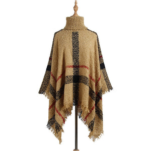 Sweater women's mid-length high collar fringe cape loose large size knit