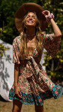 Load image into Gallery viewer, New Bohemian Holiday Print Dress Lace-up V-Neck Beach Dress
