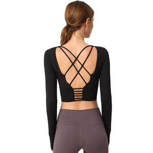 Open navel sports long sleeved women's high elastic tight running fitness suit beautiful back yoga jacket