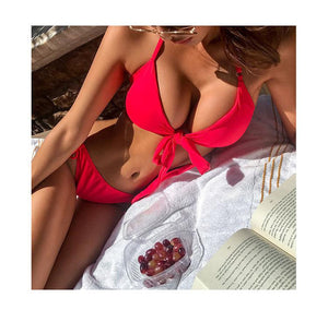 Solid Color Red Swimsuit Women Split Bikini Chest Strap High Waist Cover Belly Ins Style Show Thin Sexy Hot Spring Swimsuit