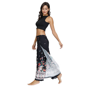 Floral Digital Print Women's Split Casual Pants Fashion Loose Wide Leg Pants Two Layers Yoga Boho Style Pants