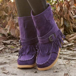Tassel Flat Sole Large Buckle Hand Sewn National Style Cotton Boots