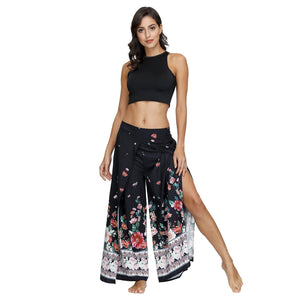 Floral Digital Print Women's Split Casual Pants Fashion Loose Wide Leg Pants Two Layers Yoga Boho Style Pants