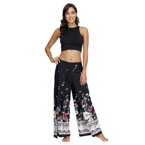 Floral Digital Print Women's Split Casual Pants Fashion Loose Wide Leg Pants Two Layers Yoga Boho Style Pants