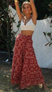 Boho print wide leg pants Elastic waist tie trousers