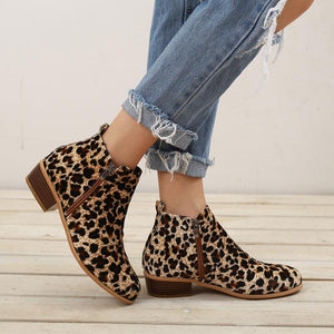 Women Chelsea Boots Spring Autumn Sexy Leopard Low Heels Platform Martin Ankle Boots Ladies Pu Leather Vintage Western Shoes