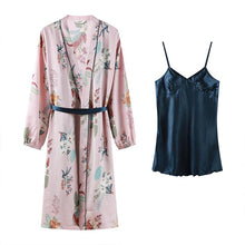 Load image into Gallery viewer, Suspender Ice Silk Solid Color Nightdress Set Printing Long Sleeve Nightgown Autumn and Winter Sexy Two piece Set with Belt Pad

