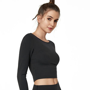Beauty back body yoga clothes imitation cotton long-sleeved fitness top tight sports top woman.