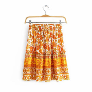 Mini Rok Geel Katoen Bloemenprint Elastische Taille Chic  Beach Boho Casual  Short Skirt