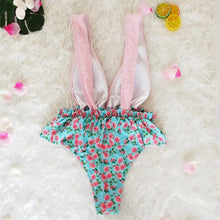 Load image into Gallery viewer, Ruffled Print V-neck Bow Ins Style One Piece Swimsuit
