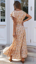 Load image into Gallery viewer, V neck print dress Single Breasted Irregular Waist Lace-Up Dress
