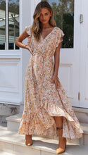 Load image into Gallery viewer, V neck print dress Single Breasted Irregular Waist Lace-Up Dress
