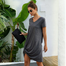 Load image into Gallery viewer, Summer&#39;s New Short-sleeved V-neck Hem Knotted Open Fork Loose Casual Skirt
