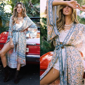 New Boho Resort Beach Print Long Lace-up cover-up Cardigan