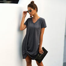 Load image into Gallery viewer, Summer&#39;s New Short-sleeved V-neck Hem Knotted Open Fork Loose Casual Skirt
