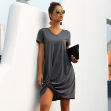 Load image into Gallery viewer, Summer&#39;s New Short-sleeved V-neck Hem Knotted Open Fork Loose Casual Skirt
