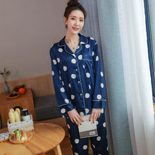 Load image into Gallery viewer, Spring and Summer Simple Women's Long Sleeve Lapel Housewear Set Ice Silk Dot Printed Silk Pajamas
