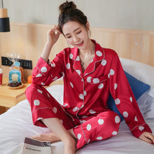 Load image into Gallery viewer, Spring and Summer Simple Women's Long Sleeve Lapel Housewear Set Ice Silk Dot Printed Silk Pajamas
