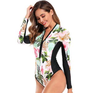 One Piece Wetsuit Swimsuit Women's Sexy Sport Long Sleeve Printed Surf Swimsuit Monokini