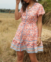 Load image into Gallery viewer, Spring and Summer New Beach Skirt V-Neck Short Sleeve Bohemian Dress
