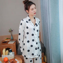 Load image into Gallery viewer, Spring and Summer Simple Women's Long Sleeve Lapel Housewear Set Ice Silk Dot Printed Silk Pajamas

