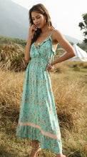 Load image into Gallery viewer, Bohemian Wind Printed Flounced V-neck Suspender Dress
