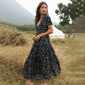 Female Bohemian Lotus Leaf Floral V Collar Dress Skirt