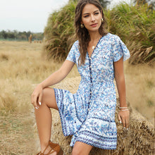 Load image into Gallery viewer, Spring and Summer New Beach Skirt V-Neck Short Sleeve Bohemian Dress
