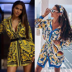 Spring and summer new bohemian style positioning print tie with long-sleeved shirt jumpsuit skirt