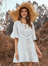 Load image into Gallery viewer, Spring and Summer Solid Color Stitching Flounce Fringed Neckline Lace Trumpet Sleeve Dress
