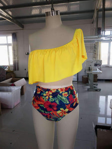 Retro High Waist Floral Bikini One-shoulder Ruffled Print Swimsuit