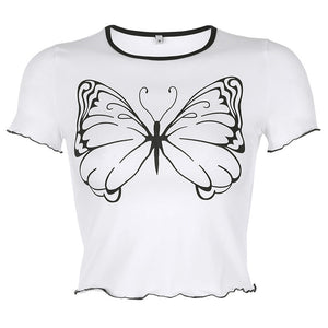 Spring and Summer Simple Joker A Big Butterfly Printed Short Sleeve Top