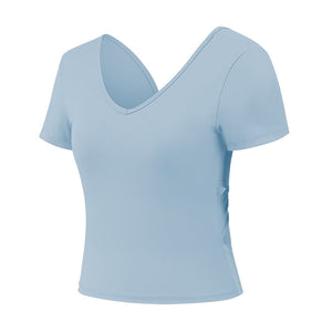 Yoga clothes with chest pads, sports T-shirts, women's cross-backs, tight-fitting short sleeves and quick-drying fitness clothes
