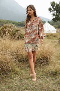Summer and spring Bohemian V-neck casual dress Printed Dress Medium Length Skirt