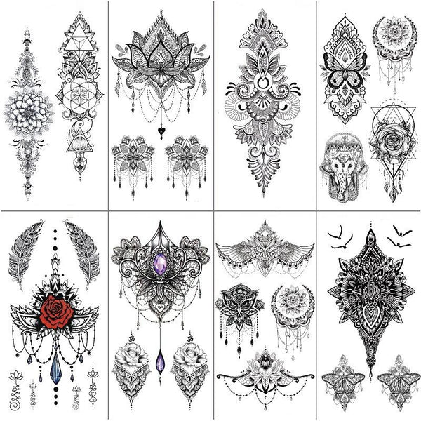 8 In 1 Hand Draw Bohemian Tattoo Stickers Waterproof Sexy Dark Mandola Arm Back Stickers
