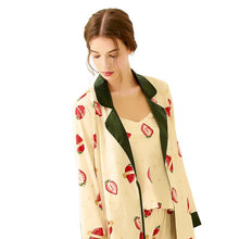 Load image into Gallery viewer, Three-piece Set Spring and Autumn Ice Silk Pajama Set Women's Printed Cute Strawberry Long Sleeve Cardigan Silk Strap Home Service Thin

