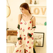 Load image into Gallery viewer, Three-piece Set Spring and Autumn Ice Silk Pajama Set Women's Printed Cute Strawberry Long Sleeve Cardigan Silk Strap Home Service Thin
