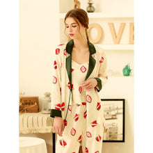 Load image into Gallery viewer, Three-piece Set Spring and Autumn Ice Silk Pajama Set Women's Printed Cute Strawberry Long Sleeve Cardigan Silk Strap Home Service Thin
