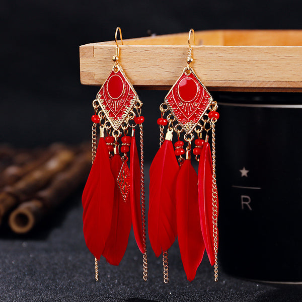 Fringed bohemian red earrings, vintage feather earrings