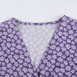 Romantic Purple Bow Girl's Wind Flowers Show Thin Versatile V-neck Dress