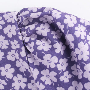 Romantic Purple Bow Girl's Wind Flowers Show Thin Versatile V-neck Dress