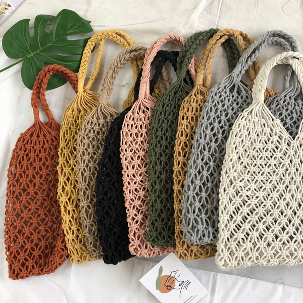 9 Colors Handmade Beach Pure Ins Women's Bag Summer Hollow Mesh Woven Bag Forest Grass Woven Bag Holiday Handmade Cotton Rope Mesh Bag Beach Bag