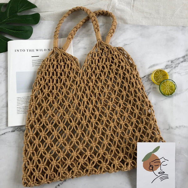 9 Colors Handmade Beach Pure Ins Women's Bag Summer Hollow Mesh Woven Bag Forest Grass Woven Bag Holiday Handmade Cotton Rope Mesh Bag Beach Bag