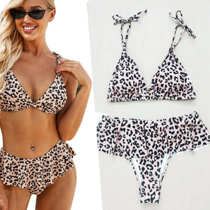 Bikini Top Stripe Print Split Swimsuit, Leopard Print Top Skirt Split Swimsuit