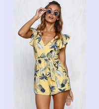 Load image into Gallery viewer, Printed V Neck Belted Backless Rompers
