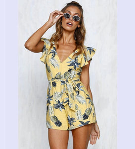 Printed V Neck Belted Backless Rompers